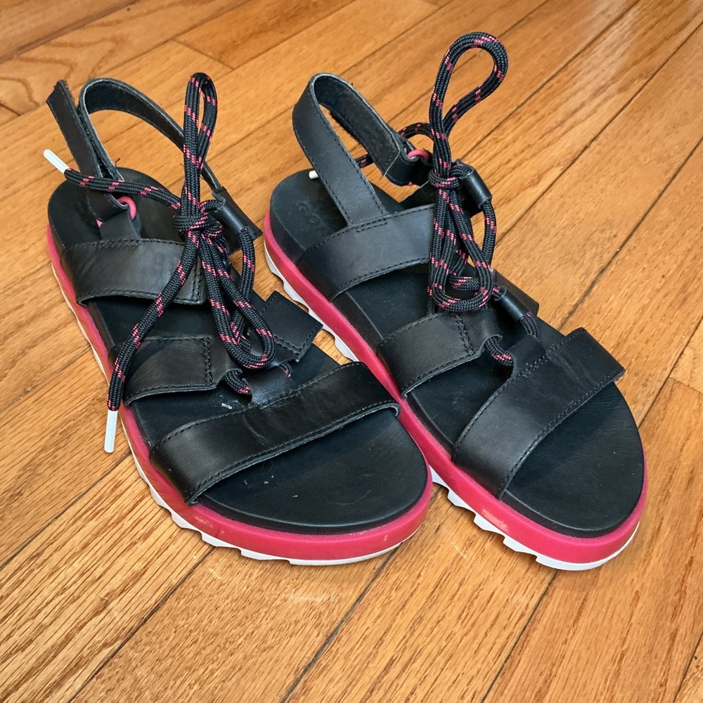 Sorel Roaming Lace 6.5 Slingback Gladiator Flat Leather Sandals Black Pink